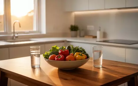Ein heller, moderner Küchentisch mit frischem Gemüse und einem Glas Wasser in warmem Sonnenlicht. - Foto: über boerse-global.de