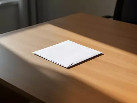 Ein leerer Schreibtisch mit einem einzelnen weißen Briefumschlag in natürlichem Sonnenlicht. - Foto: über boerse-global.de