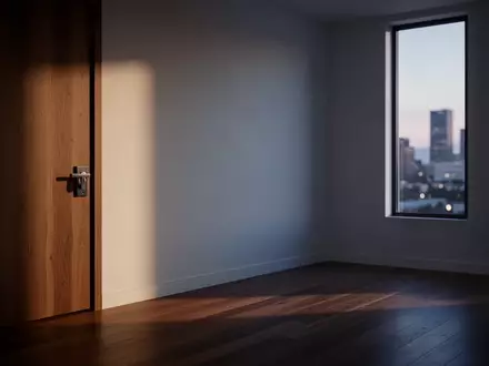 Ein schlicht eingerichteter Raum in einem Apartment mit Fokus auf eine geschlossene Tür und ein Fenster mit Stadtblick. - Foto: über boerse-global.de