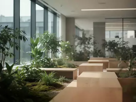 Ein heller, minimalistischer Innenhof mit Pflanzen und natürlichem Licht in einem modernen Bürogebäude. - Foto: über boerse-global.de