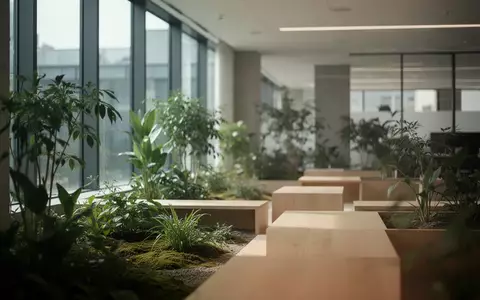 Ein heller, minimalistischer Innenhof mit Pflanzen und natürlichem Licht in einem modernen Bürogebäude. - Foto: über boerse-global.de