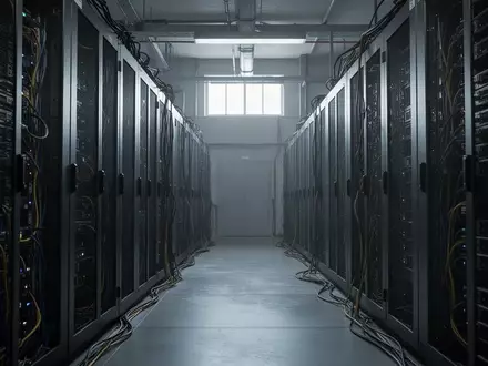Ein leerer, schwach beleuchteter Serverraum mit metallischen Racks in einer industriellen Umgebung. - Foto: über boerse-global.de