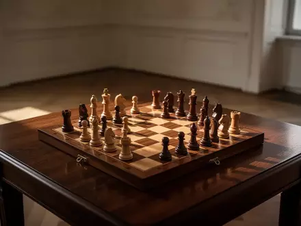 Ein hölzernes Schachspiel auf einem dunklen Holztisch in einem hellen, minimalistisch eingerichteten Raum. - Foto: über boerse-global.de