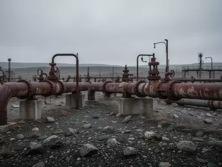 Industrielle Gasleitungen in einer kargen, steinigen Landschaft unter einem bewölkten Himmel. - Foto: über boerse-global.de