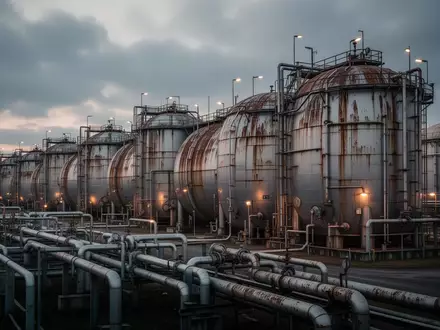 Industrielle Erdgasspeicheranlage mit großen zylindrischen Metalltanks und komplexen Rohrleitungen in der Dämmerung. - Foto: über boerse-global.de