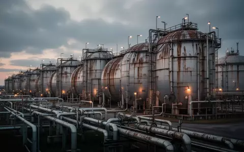Industrielle Erdgasspeicheranlage mit großen zylindrischen Metalltanks und komplexen Rohrleitungen in der Dämmerung. - Foto: über boerse-global.de