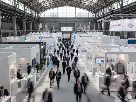 Ein geschäftiger Messestand auf einer pharmazeutischen Fachmesse in Mailand mit Besuchern und moderner Architektur. - Foto: über boerse-global.de
