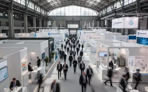 Ein geschĂ€ftiger Messestand auf einer pharmazeutischen Fachmesse in Mailand mit Besuchern und moderner Architektur. - Foto: ĂŒber boerse-global.de