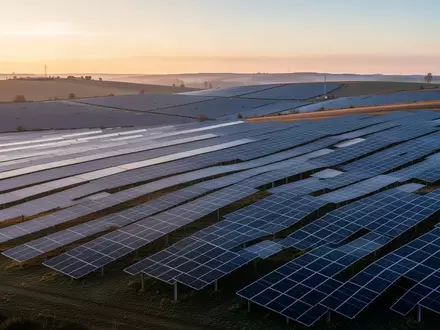 Weitläufige Solarparkanlage mit zahlreichen Photovoltaikmodulen bei Sonnenaufgang in einer hügeligen Landschaft. - Foto: über boerse-global.de