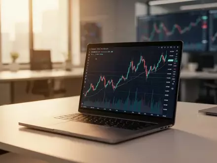Ein moderner, minimalistischer Arbeitsplatz mit einem Laptop, der abstrakte Börsentrends in einem professionellen Büro zeigt. - Foto: über boerse-global.de