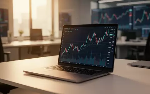 Ein moderner, minimalistischer Arbeitsplatz mit einem Laptop, der abstrakte Börsentrends in einem professionellen Büro zeigt. - Foto: über boerse-global.de