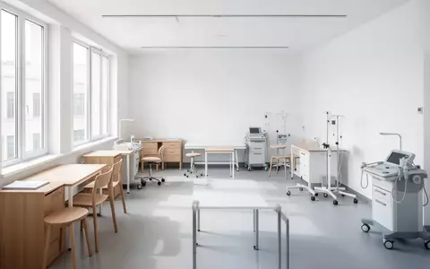 Ein heller, moderner Unterrichtsraum in einer Pflegeschule mit minimalistischen Möbeln und medizinischen Übungsgeräten. - Foto: über boerse-global.de
