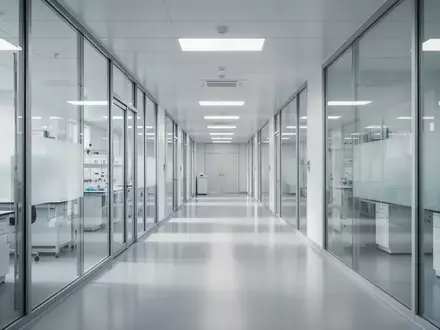 Ein minimalistischer, heller Laborgang mit Glaswänden und poliertem Boden in einer modernen Forschungseinrichtung. - Foto: über boerse-global.de