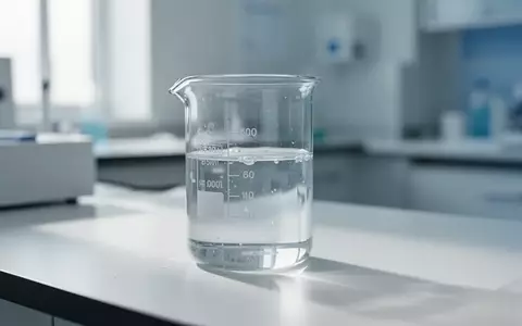 Ein gläsernes Laborgefäß mit einer klaren Flüssigkeit auf einem sterilen Labortisch in einem klinischen Umfeld. - Foto: über boerse-global.de