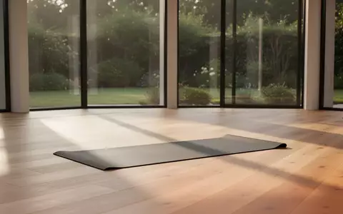 Eine leere Yogamatte auf einem hellen Holzboden in einem lichtdurchfluteten Raum zur Veranschaulichung von Bewegung und Stabilität. - Foto: über boerse-global.de