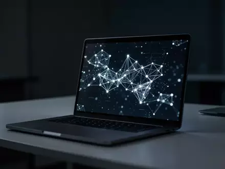 Ein moderner Arbeitsplatz mit einem Laptop, auf dessen Bildschirm abstrakte, leuchtende digitale Netzwerkknoten zu sehen sind. - Foto: über boerse-global.de