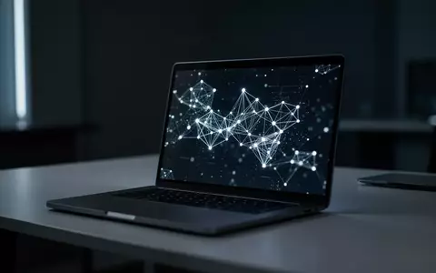 Ein moderner Arbeitsplatz mit einem Laptop, auf dessen Bildschirm abstrakte, leuchtende digitale Netzwerkknoten zu sehen sind. - Foto: über boerse-global.de