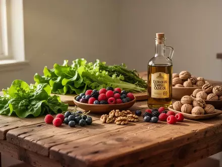 Eine Auswahl an frischen, unverarbeiteten Lebensmitteln wie Blattgemüse, Beeren und Nüssen auf einem Holztisch. - Foto: über boerse-global.de