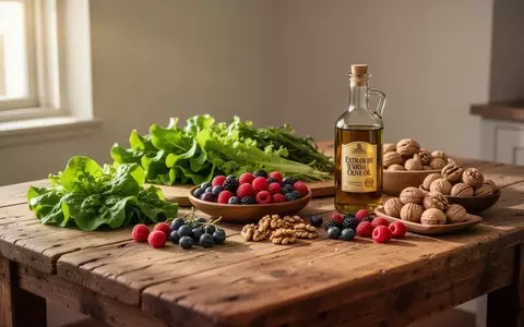 Eine Auswahl an frischen, unverarbeiteten Lebensmitteln wie Blattgemüse, Beeren und Nüssen auf einem Holztisch. - Foto: über boerse-global.de