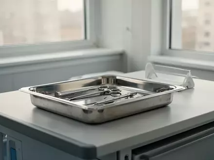 Ein steriler, minimalistischer Behandlungsraum in einer modernen Klinik mit einem medizinischen Instrumententablett. - Foto: über boerse-global.de