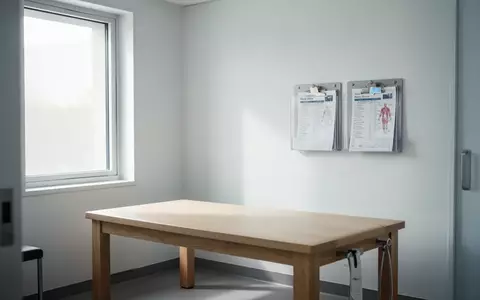 Ein minimalistischer, heller Behandlungsraum in einer Arztpraxis mit einer Untersuchungsliege und neutraler Einrichtung. - Foto: über boerse-global.de