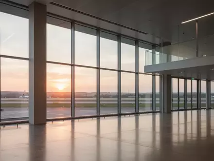 Ein minimalistischer, moderner Flughafen-Abflugbereich mit großen Fensterfronten und Blick in die Dämmerung. - Foto: über boerse-global.de