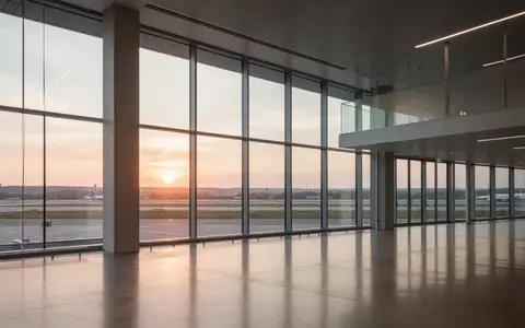 Ein minimalistischer, moderner Flughafen-Abflugbereich mit großen Fensterfronten und Blick in die Dämmerung. - Foto: über boerse-global.de