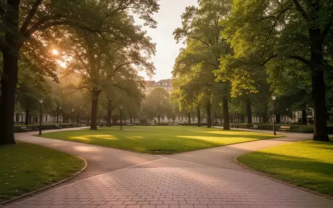 Eine leere, gepflegte Parkanlage in einer deutschen Stadt bei Sonnenuntergang mit weiten Rasenflächen und Wegen. - Foto: über boerse-global.de
