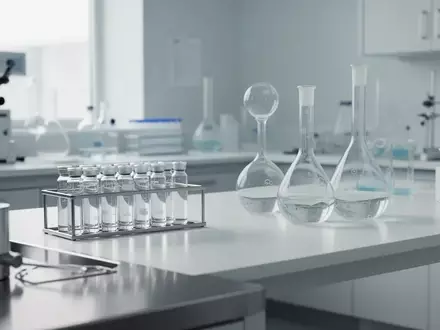 Moderne, sterile Laborumgebung mit Glasfläschchen und medizinischen Geräten auf einer weißen Arbeitsfläche. - Foto: über boerse-global.de