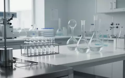 Moderne, sterile Laborumgebung mit Glasfläschchen und medizinischen Geräten auf einer weißen Arbeitsfläche. - Foto: über boerse-global.de