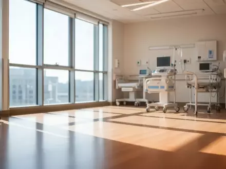 Ein heller, moderner Rehabilitationsraum in einer Klinik mit einfallendem Tageslicht und leerem Boden. - Foto: über boerse-global.de