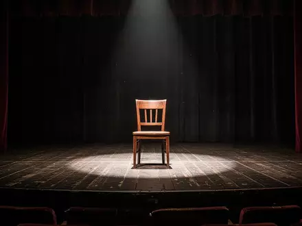 Eine leere Theaterbühne mit einem einzelnen Scheinwerfer und einem hölzernen Stuhl in einer nachdenklichen, schattigen Atmosphäre. - Foto: über boerse-global.de