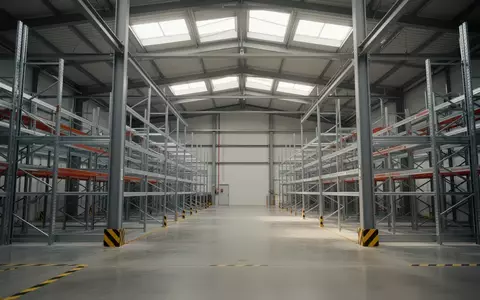 Lagerhalle mit Regalsystemen und poliertem Betonboden in einer industriellen Umgebung. - Foto: über boerse-global.de