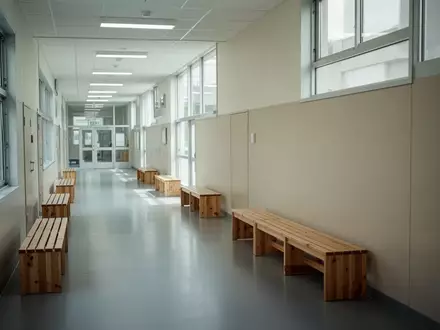Ein leerer, hell beleuchteter Schulflur mit hölzernen Sitzbänken vor einer neutralen Wand bei Tageslicht. - Foto: über boerse-global.de