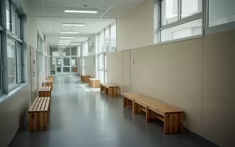 Ein leerer, hell beleuchteter Schulflur mit hölzernen Sitzbänken vor einer neutralen Wand bei Tageslicht. - Foto: über boerse-global.de