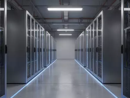 Minimalistische, moderne Serverraum-Architektur mit geordneten Schaltschränken und kühler Beleuchtung. - Foto: über boerse-global.de