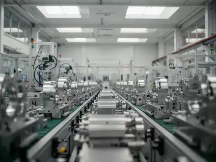 Moderne, saubere Produktionshalle einer industriellen Fertigungsanlage mit metallischen Komponenten und natürlichem Licht. - Foto: über boerse-global.de