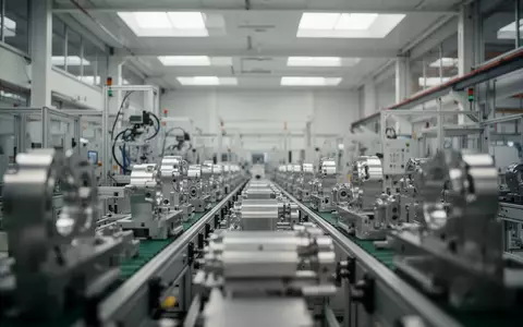 Moderne, saubere Produktionshalle einer industriellen Fertigungsanlage mit metallischen Komponenten und natürlichem Licht. - Foto: über boerse-global.de