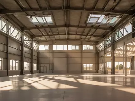 Heller, sonnendurchfluteter Innenraum einer Industriehalle mit großen Fensterfronten und sichtbarer Belüftungstechnik. - Foto: über boerse-global.de