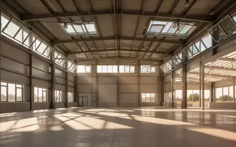 Heller, sonnendurchfluteter Innenraum einer Industriehalle mit großen Fensterfronten und sichtbarer Belüftungstechnik. - Foto: über boerse-global.de