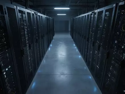 Dunkler Serverraum mit bläulicher Beleuchtung und symmetrischen Server-Racks in einer modernen Industrieumgebung. - Foto: über boerse-global.de