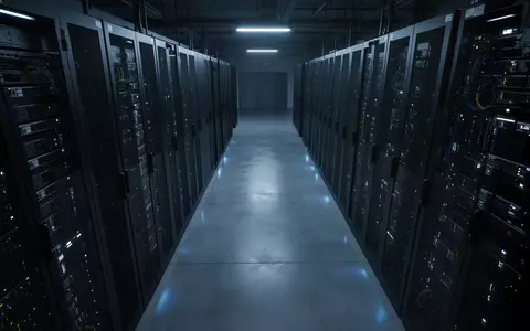Dunkler Serverraum mit bläulicher Beleuchtung und symmetrischen Server-Racks in einer modernen Industrieumgebung. - Foto: über boerse-global.de