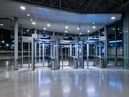 Ein moderner, menschenleerer Grenzübergang an einem Flughafen mit architektonischen Linien und blauer Beleuchtung. - Foto: über boerse-global.de