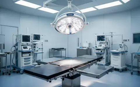Ein steriler, moderner Operationssaal mit einem leeren Operationstisch und einer fokussierten Deckenleuchte. - Foto: über boerse-global.de