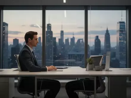Ein professioneller Finanzhändler in einem modernen Büro mit Blick auf eine Skyline bei Dämmerung. - Foto: über boerse-global.de
