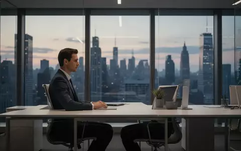 Ein professioneller Finanzhändler in einem modernen Büro mit Blick auf eine Skyline bei Dämmerung. - Foto: über boerse-global.de