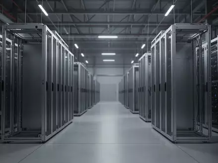 Ein moderner, industrieller Raum mit geometrisch angeordneten Server-Racks in kühler Beleuchtung. - Foto: über boerse-global.de