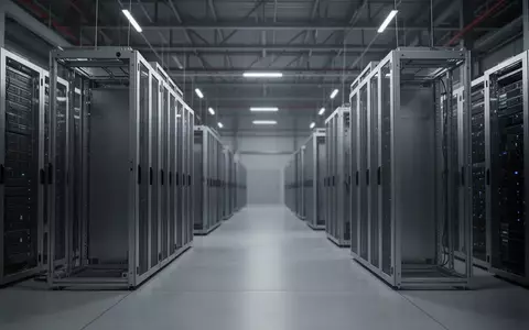 Ein moderner, industrieller Raum mit geometrisch angeordneten Server-Racks in kühler Beleuchtung. - Foto: über boerse-global.de