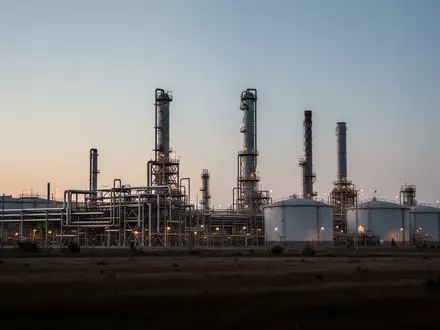 Industrielle Raffinerieanlage mit groĂen Lagertanks und Rohrleitungssystemen in der DĂ€mmerung. - Foto: ĂŒber boerse-global.de