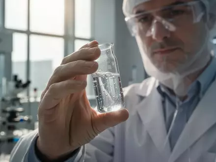Ein Wissenschaftler hält in einem modernen Labor ein Glasgefäß mit einer Flüssigkeit in die Sonne. - Foto: über boerse-global.de